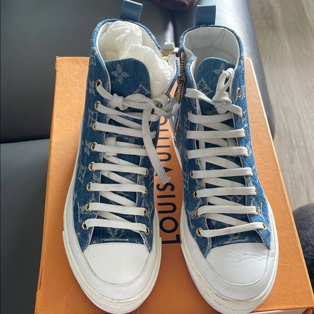 Louis Vuitton Denim and White High-Top Sneakers